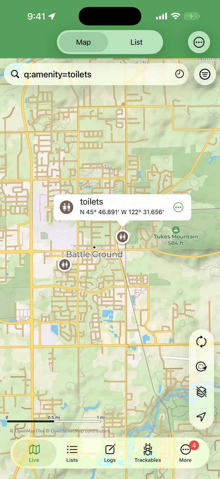 A q:amenity=toilets result: the callout shows the feature icon, its name or type and its coordinates, with the ⋯ button for Tags, Create Offline Geocache, Navigate and Remove.