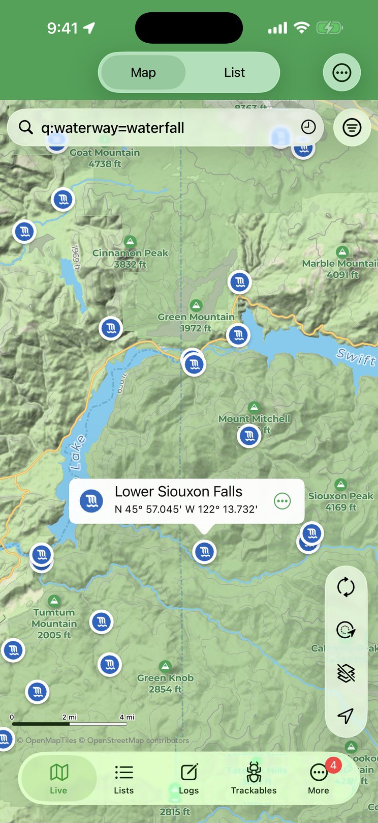 A q:waterway=waterfall query drops a pin on every waterfall in the visible area; tapping one shows its name and coordinates.