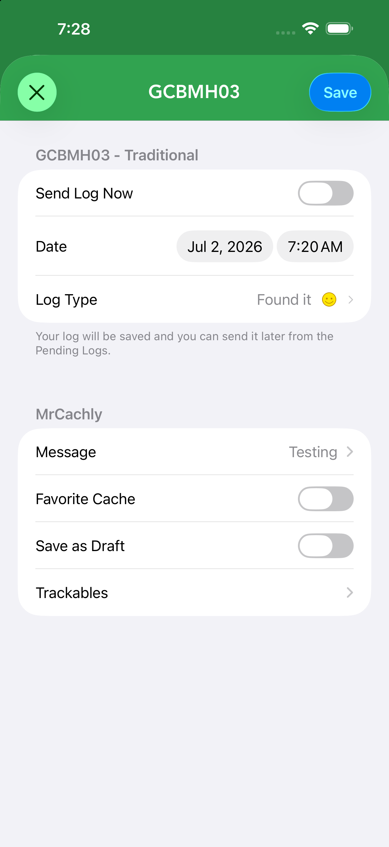 Editing a pending log reopens the full compose screen with date, type, message and options.