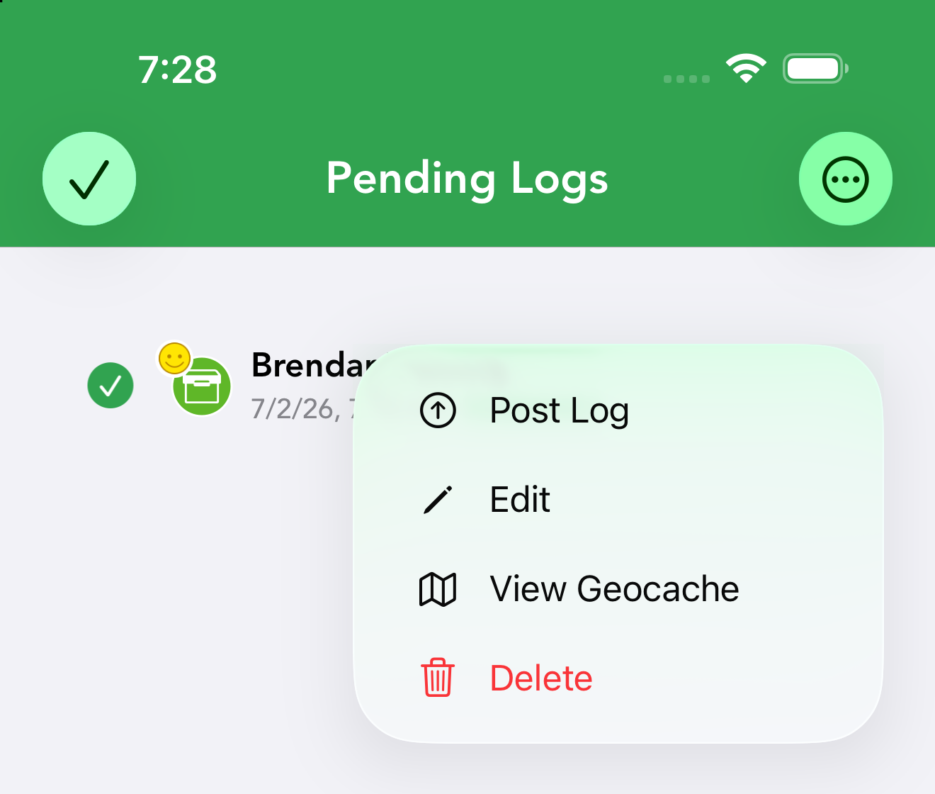 A pending log's menu: Post Log, Edit, View Geocache and Delete.