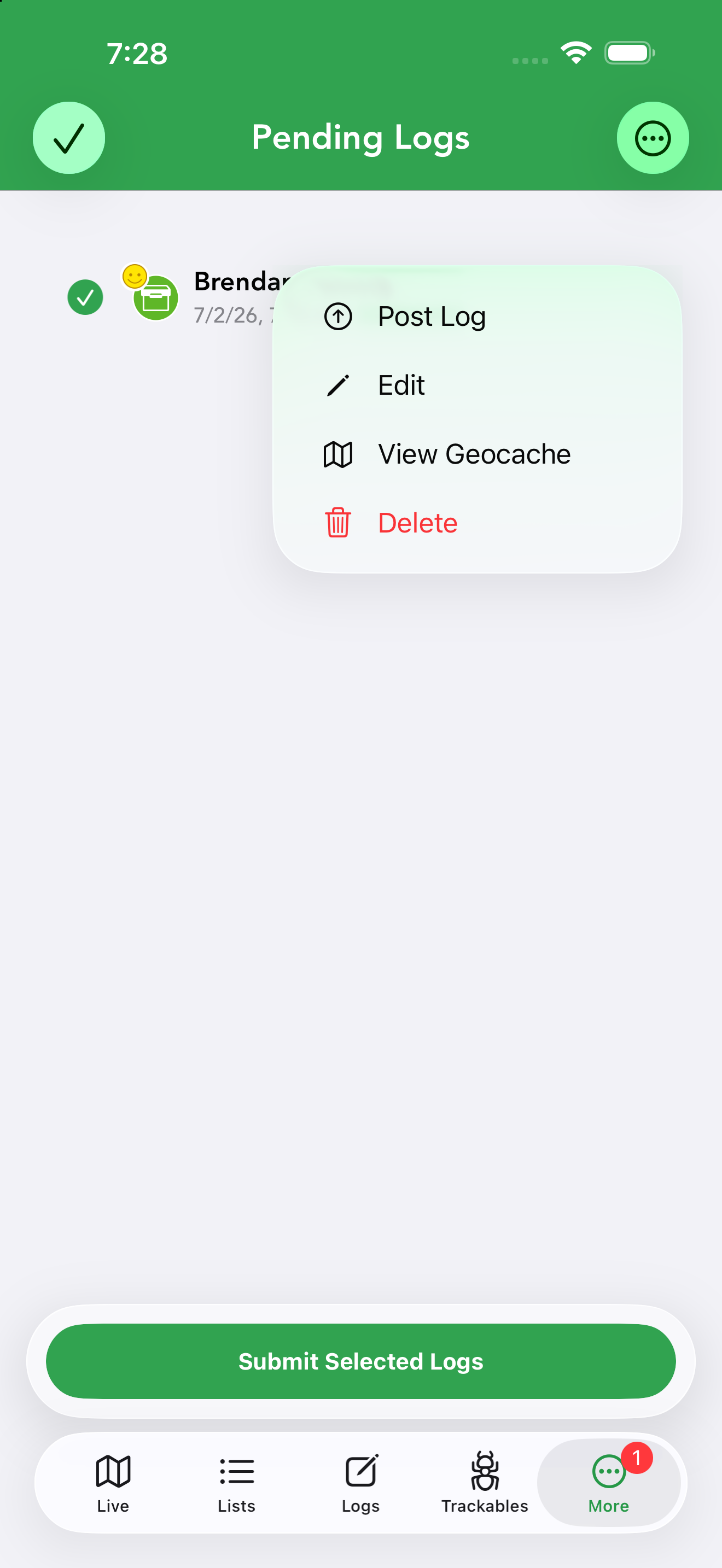 A pending log's menu: Post Log, Edit, View Geocache and Delete.