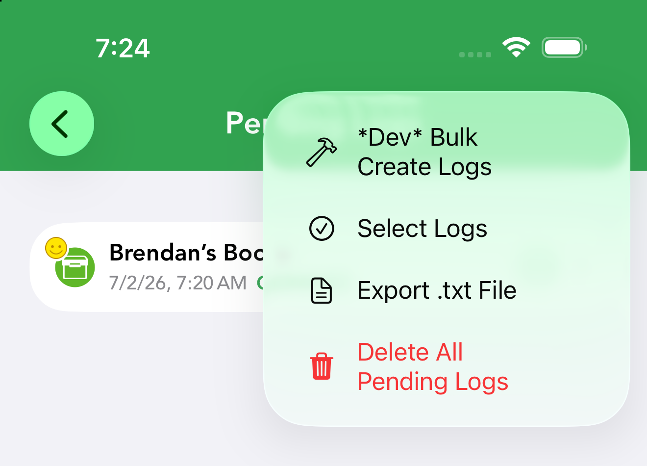 The Pending Logs menu with Select Logs, Export .txt File and Delete All Pending Logs.