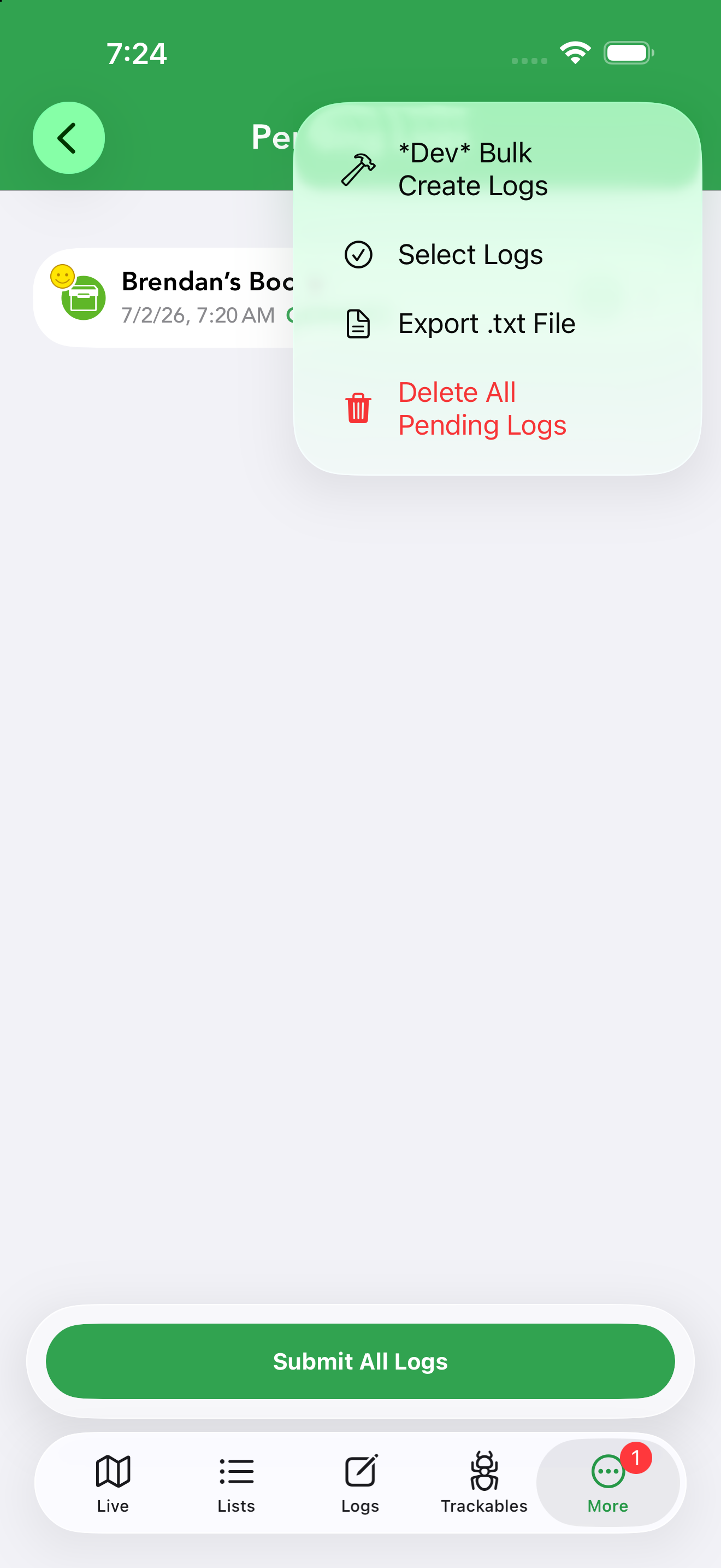 The Pending Logs menu with Select Logs, Export .txt File and Delete All Pending Logs.