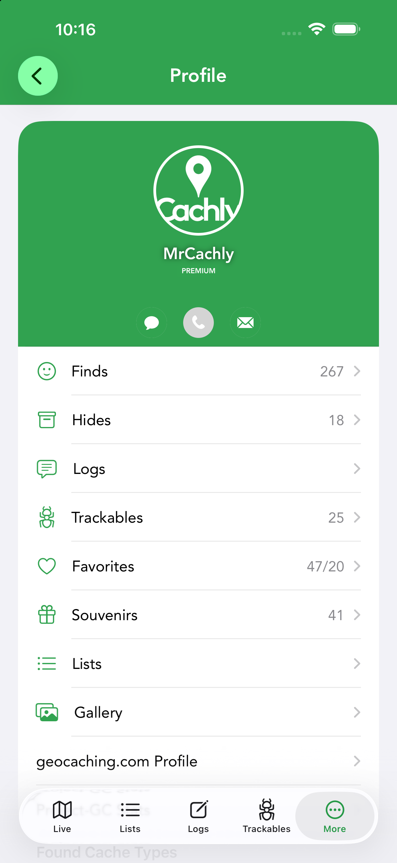 Your profile with premium badge, stat rows and the Found Cache Types chart.