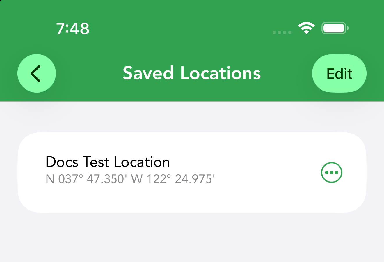 Saved Locations under More: each row keeps a named spot with its coordinates.