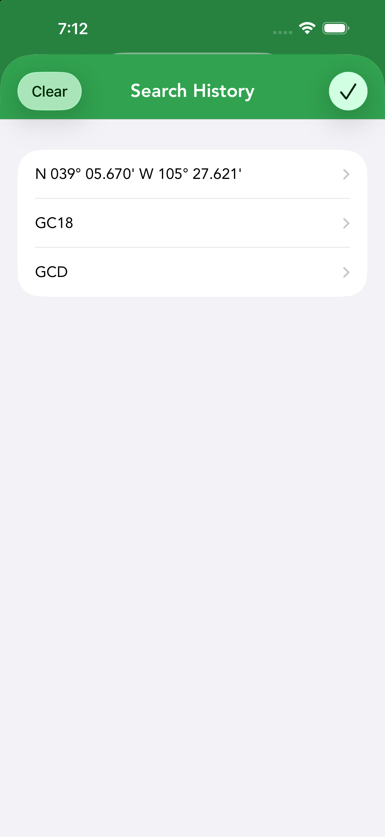 The search history list with recent coordinate and GC-code searches