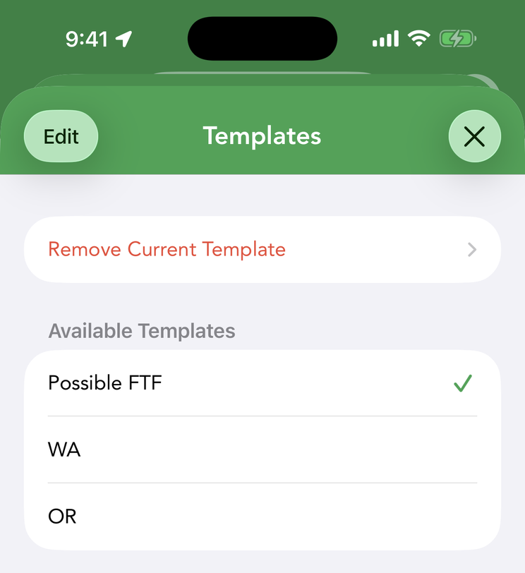 Live search Templates &mdash; tap a saved template to apply it (the checkmark shows the current one), or Remove Current Template; Edit reorders and sorts.