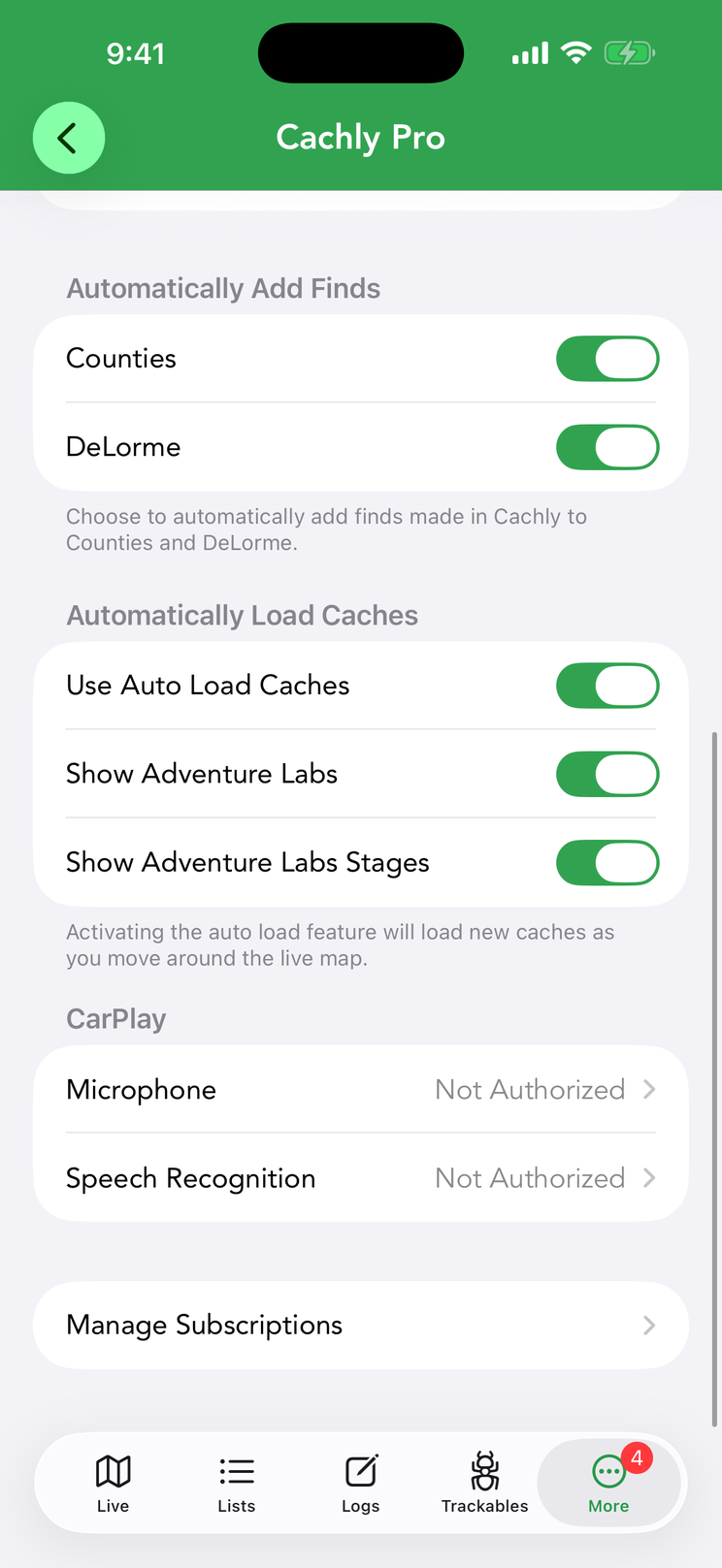 Settings › Cachly Pro — Use Auto Load Caches, with the Show Adventure Labs rows that appear only while it is on.