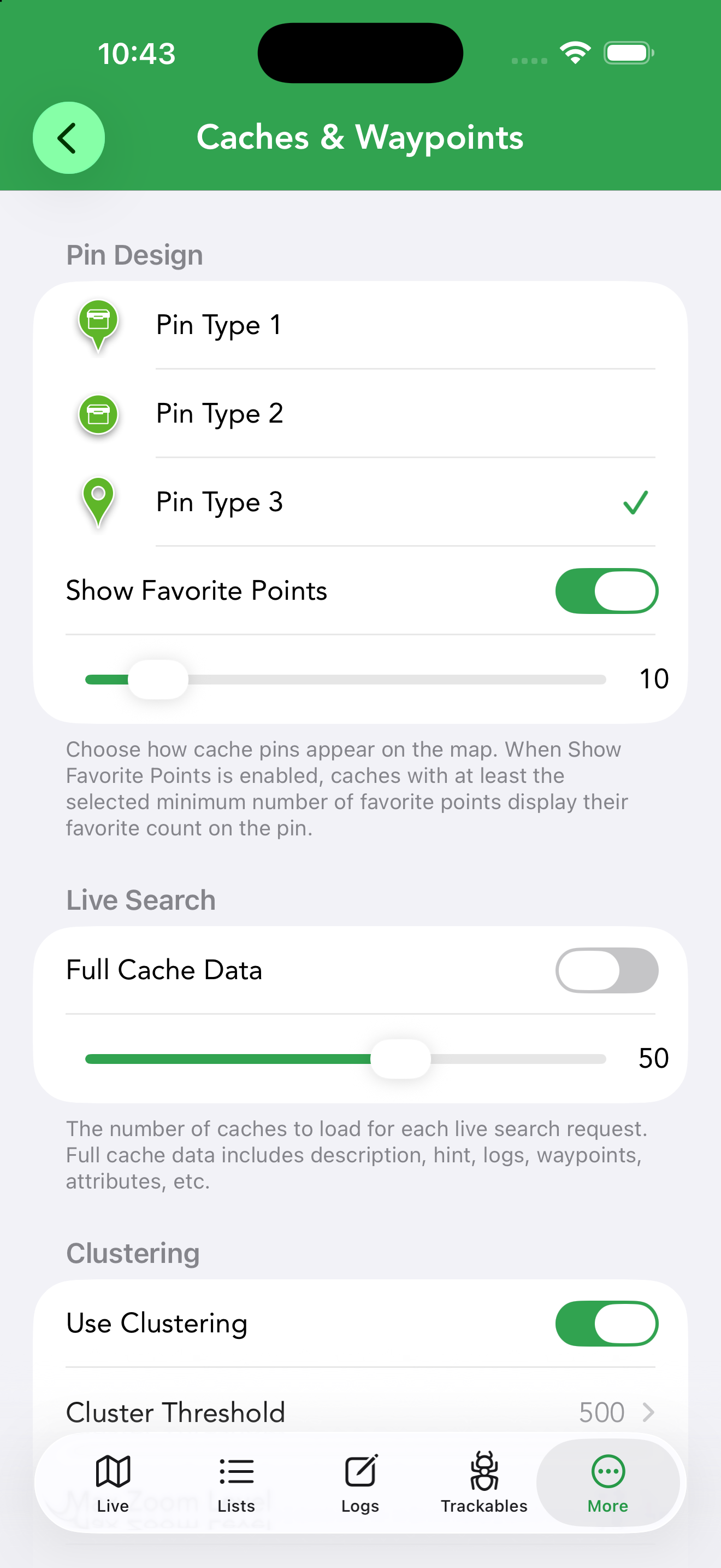 Caches & Waypoints settings for pin design, favorite points on pins, live-search data and clustering.