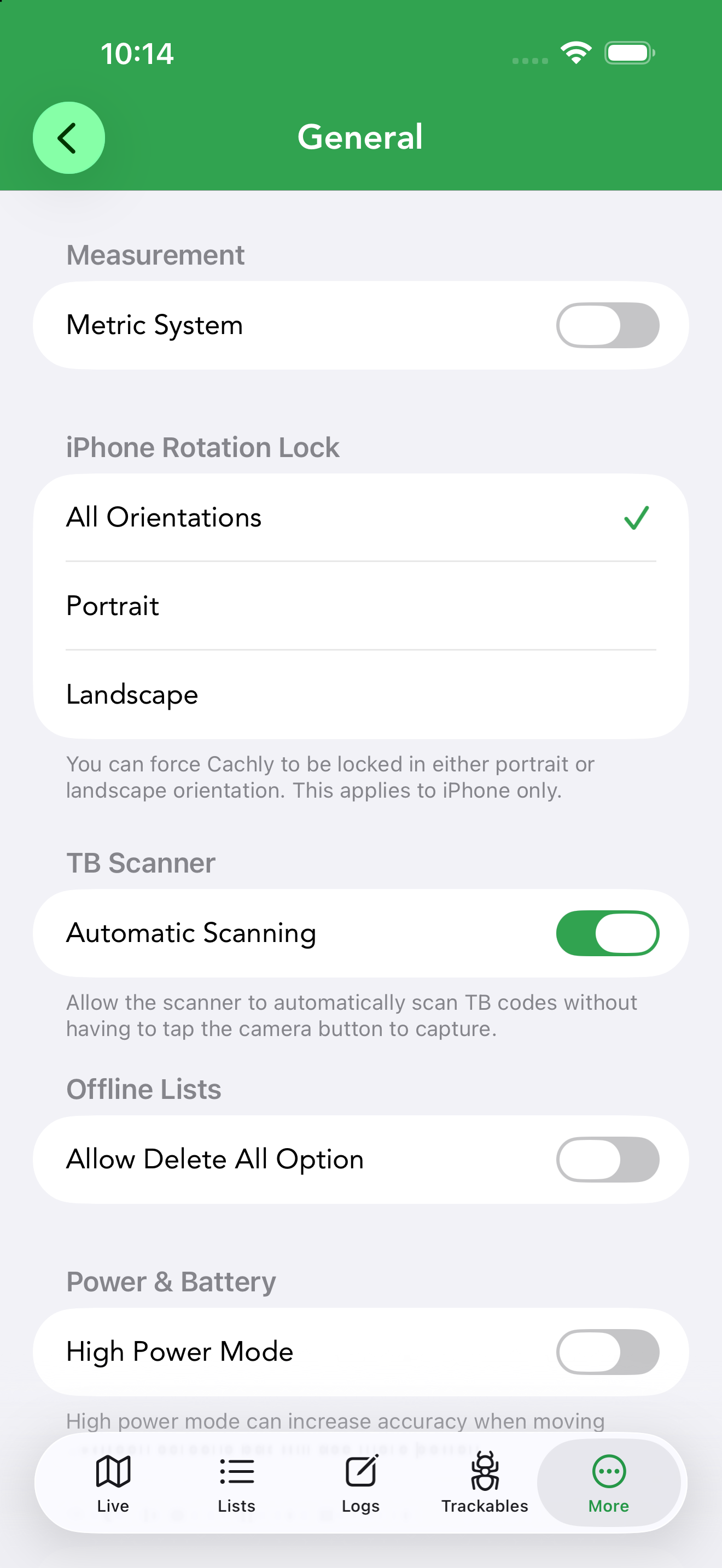 General settings covering measurement units, rotation lock, TB scanner, power mode and coordinate format.