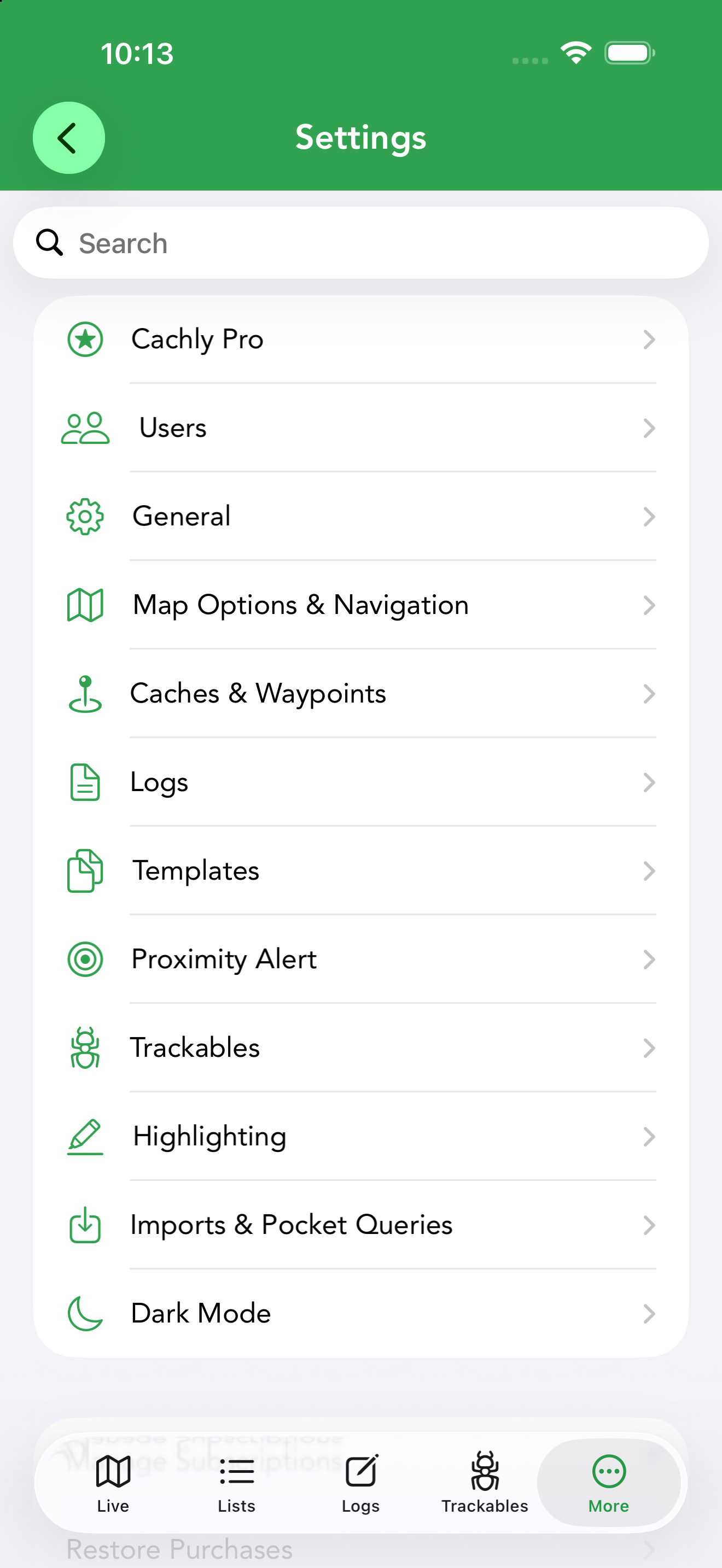 The Settings root screen with its twelve categories plus Manage Subscriptions and Restore Purchases.