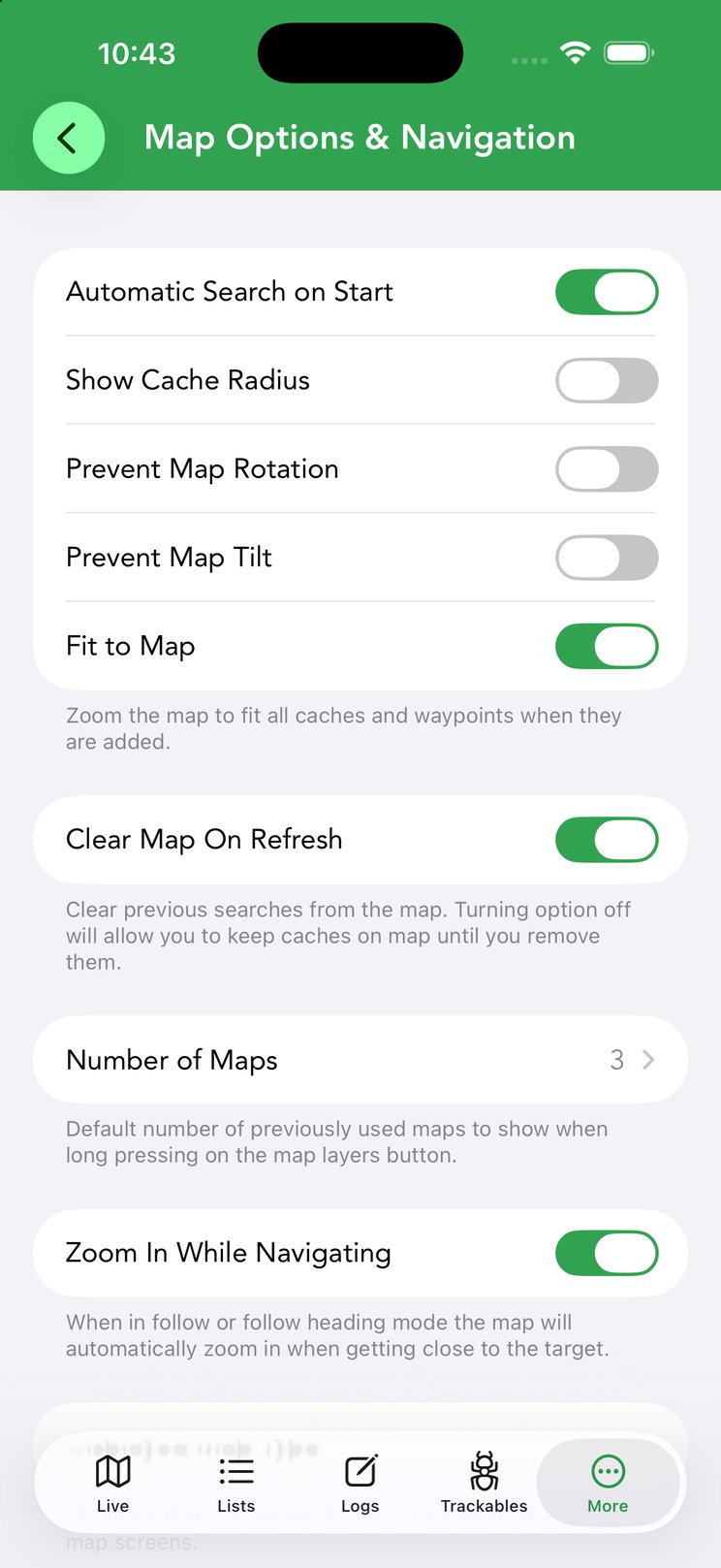 Map Options & Navigation settings such as cache radius, map rotation and tilt locks, and Fit to Map.