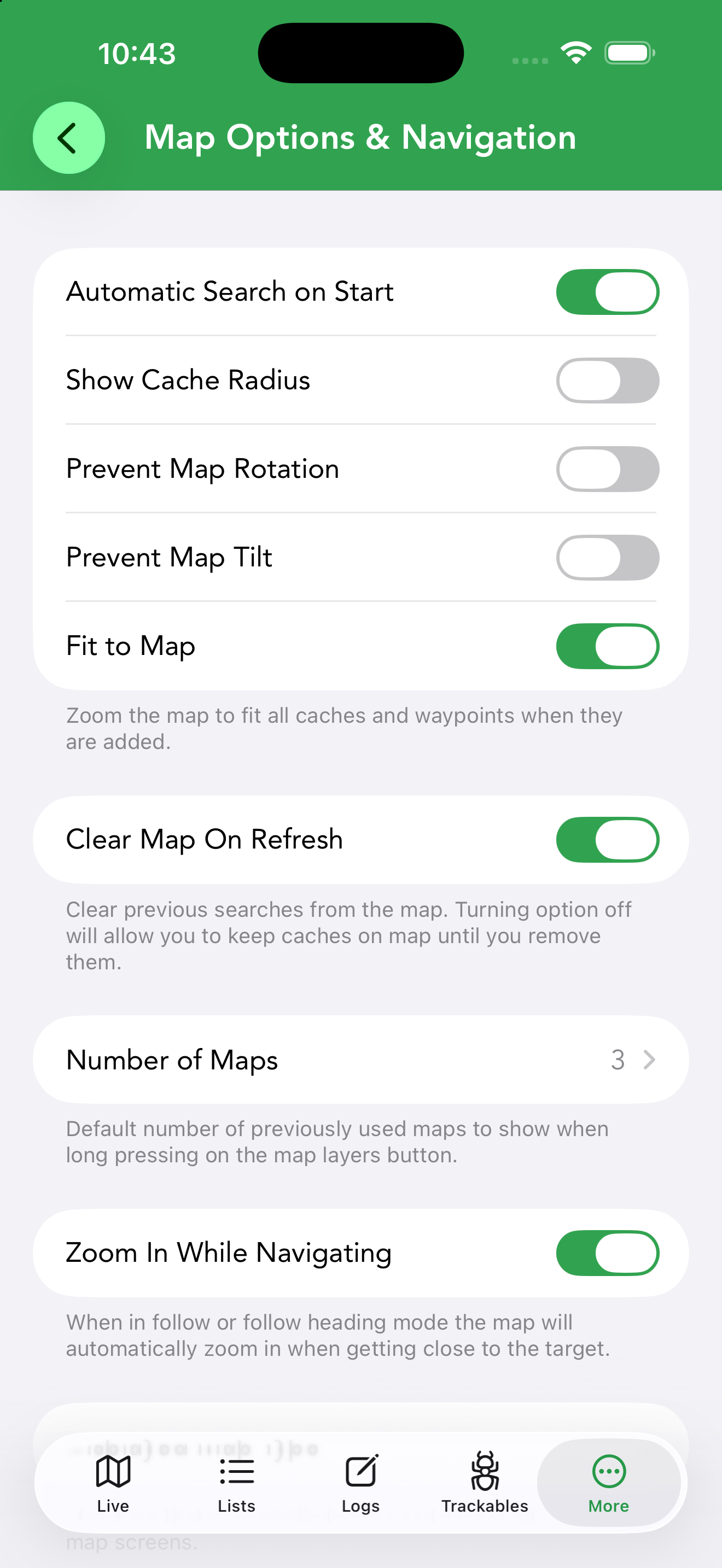 Map Options & Navigation settings such as cache radius, map rotation and tilt locks, and Fit to Map.