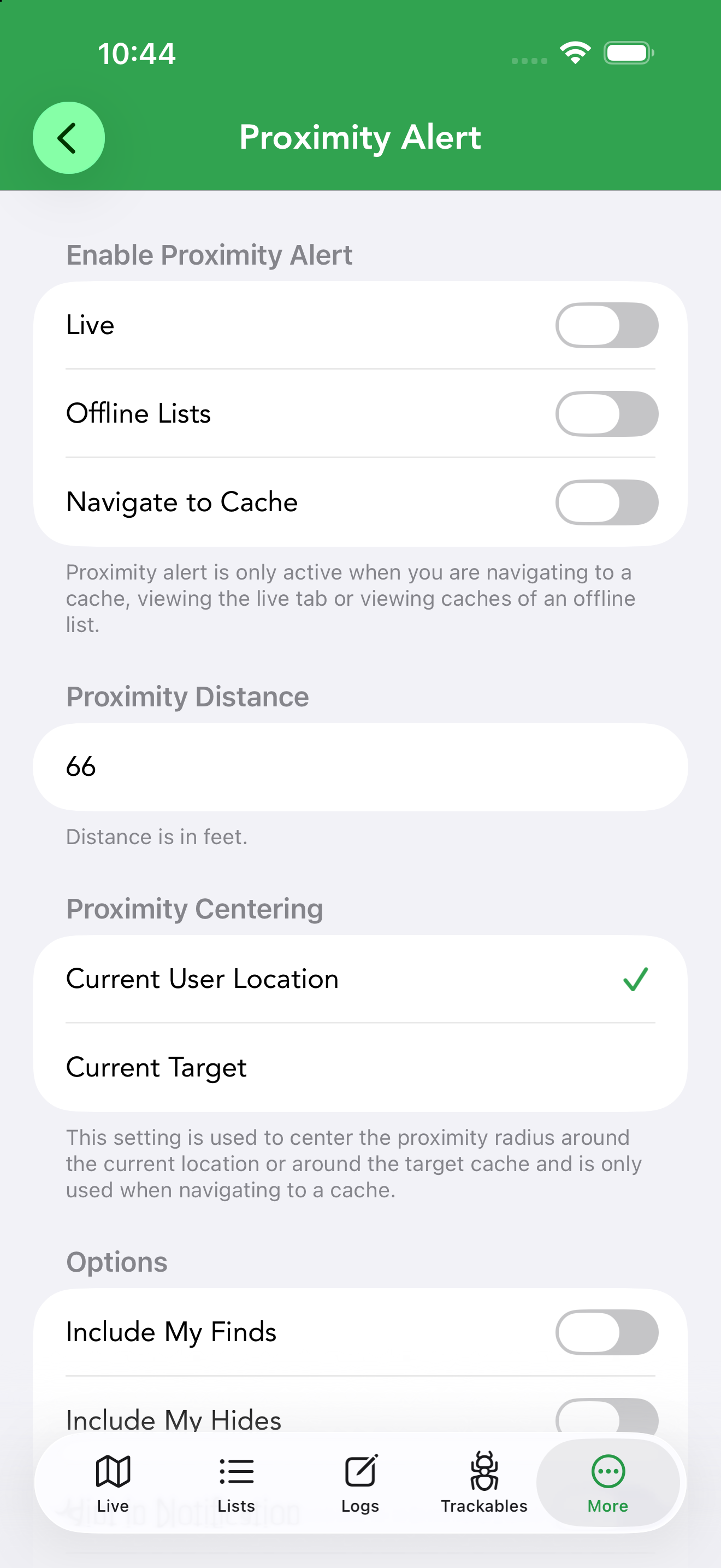 Proximity Alert settings with per-context enable toggles, trigger distance and centering options.