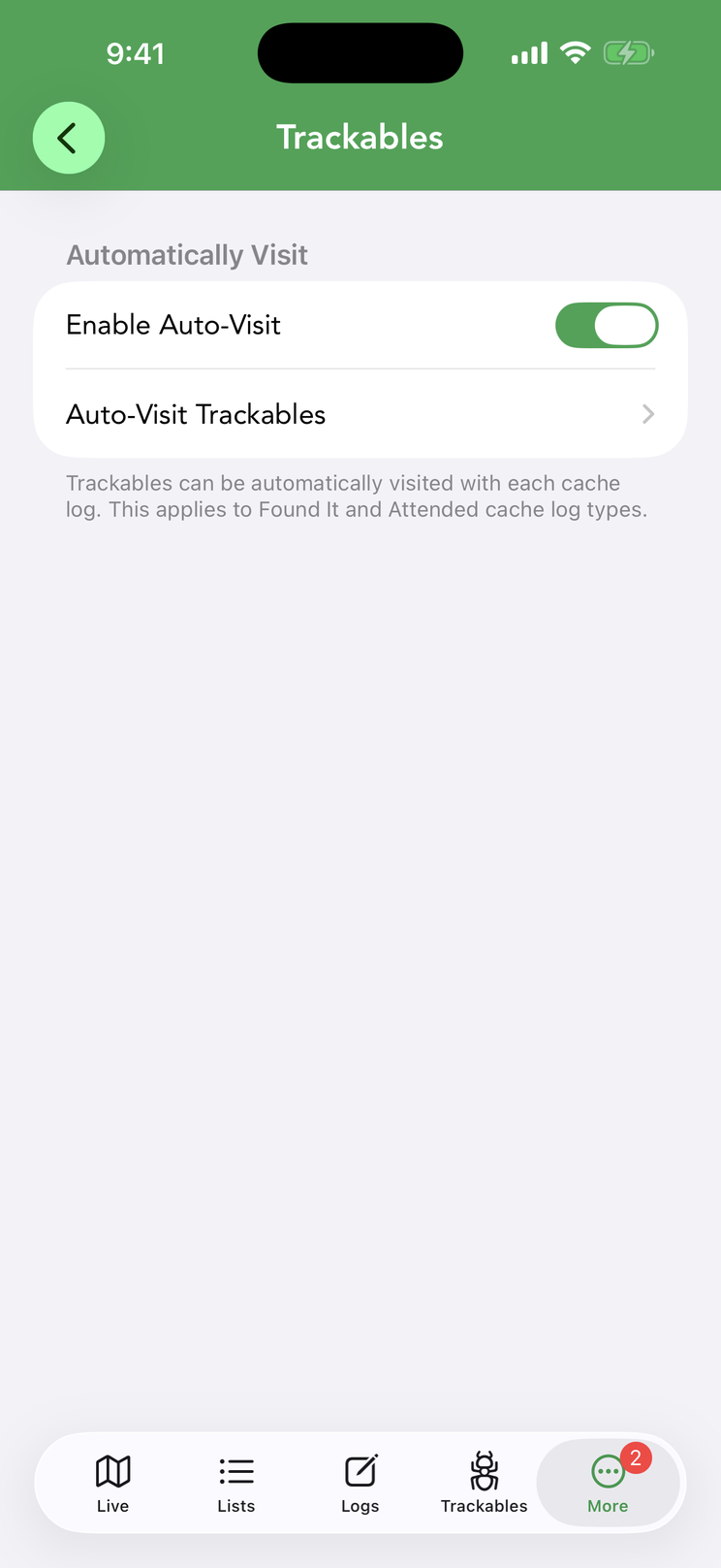 Settings › Trackables: the Enable Auto-Visit switch and the Auto-Visit Trackables row.