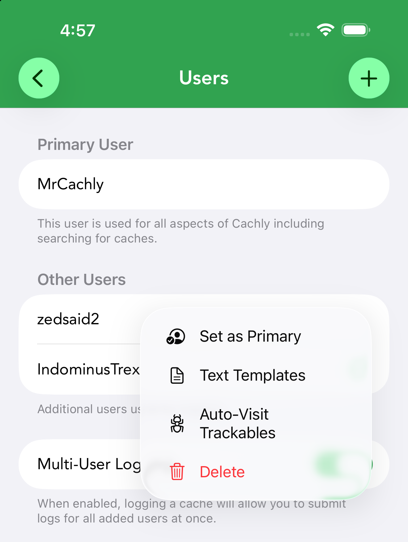 Each user’s menu: Set as Primary, Text Templates, Auto-Visit Trackables, Delete.