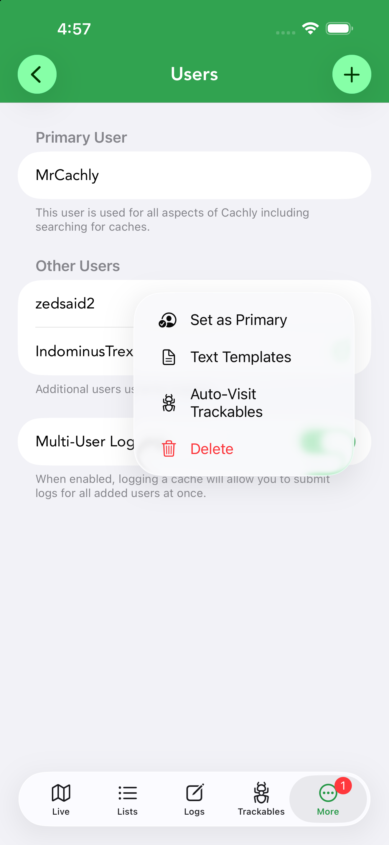 Each user’s menu: Set as Primary, Text Templates, Auto-Visit Trackables, Delete.