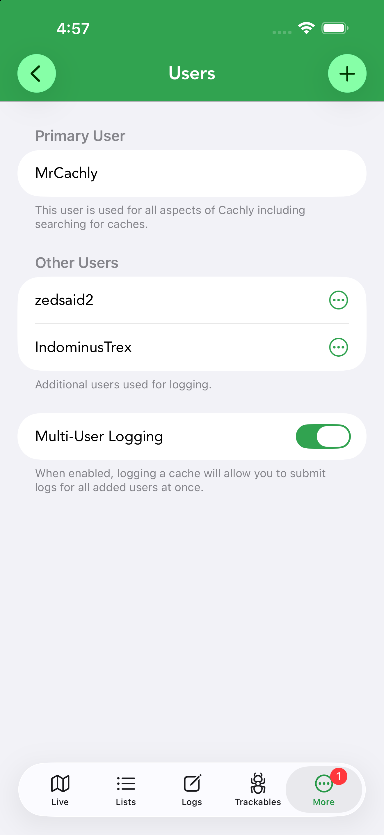 The Users category, new in Cachly 8, showing the Primary User account used for searching.