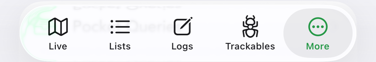 Cachly’s five tabs run along the bottom of the screen — Live, Lists, Logs, Trackables and More.