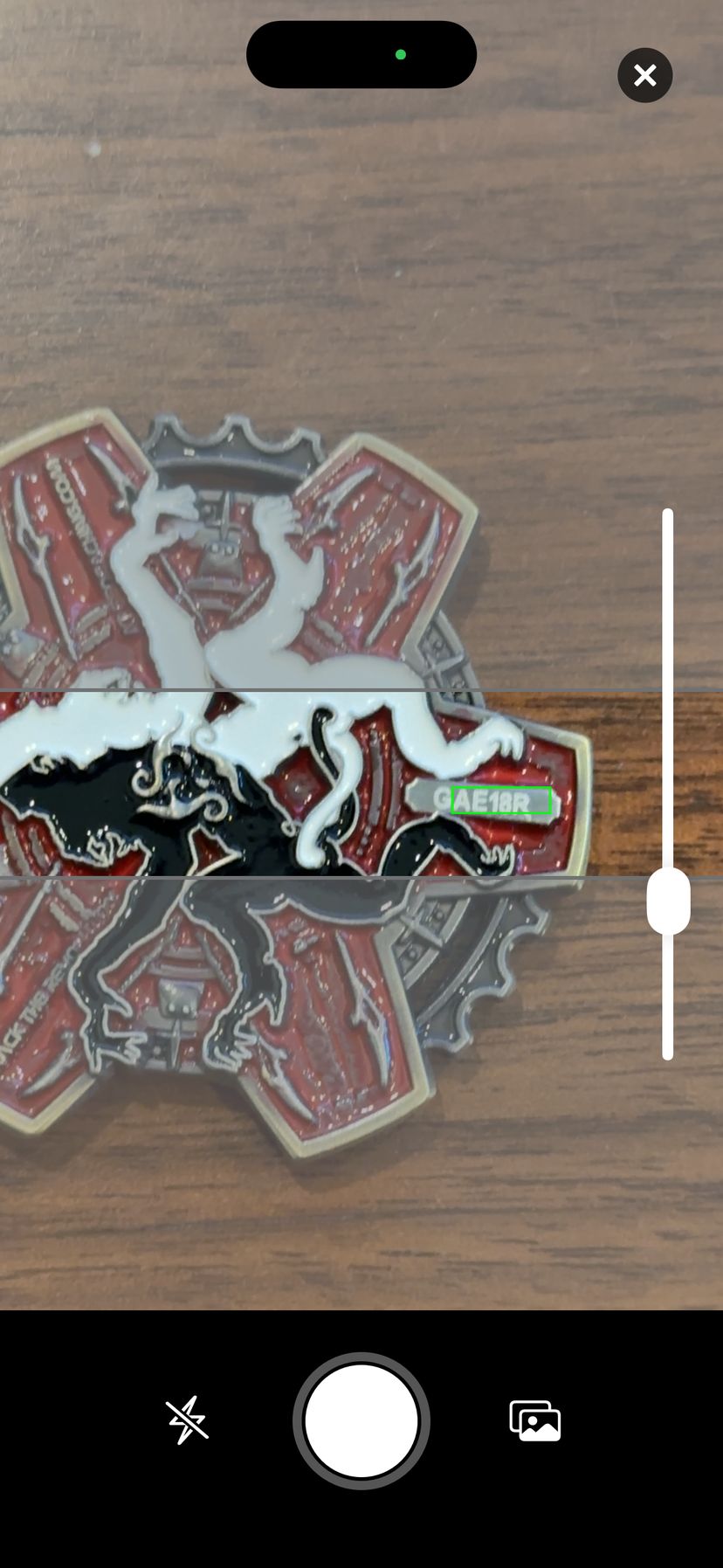 The TB Scanner camera view pointed at a geocoin, with the tracking code outlined in green inside the scan band, a zoom slider on the right, and flash, shutter and photo-library buttons at the bottom.