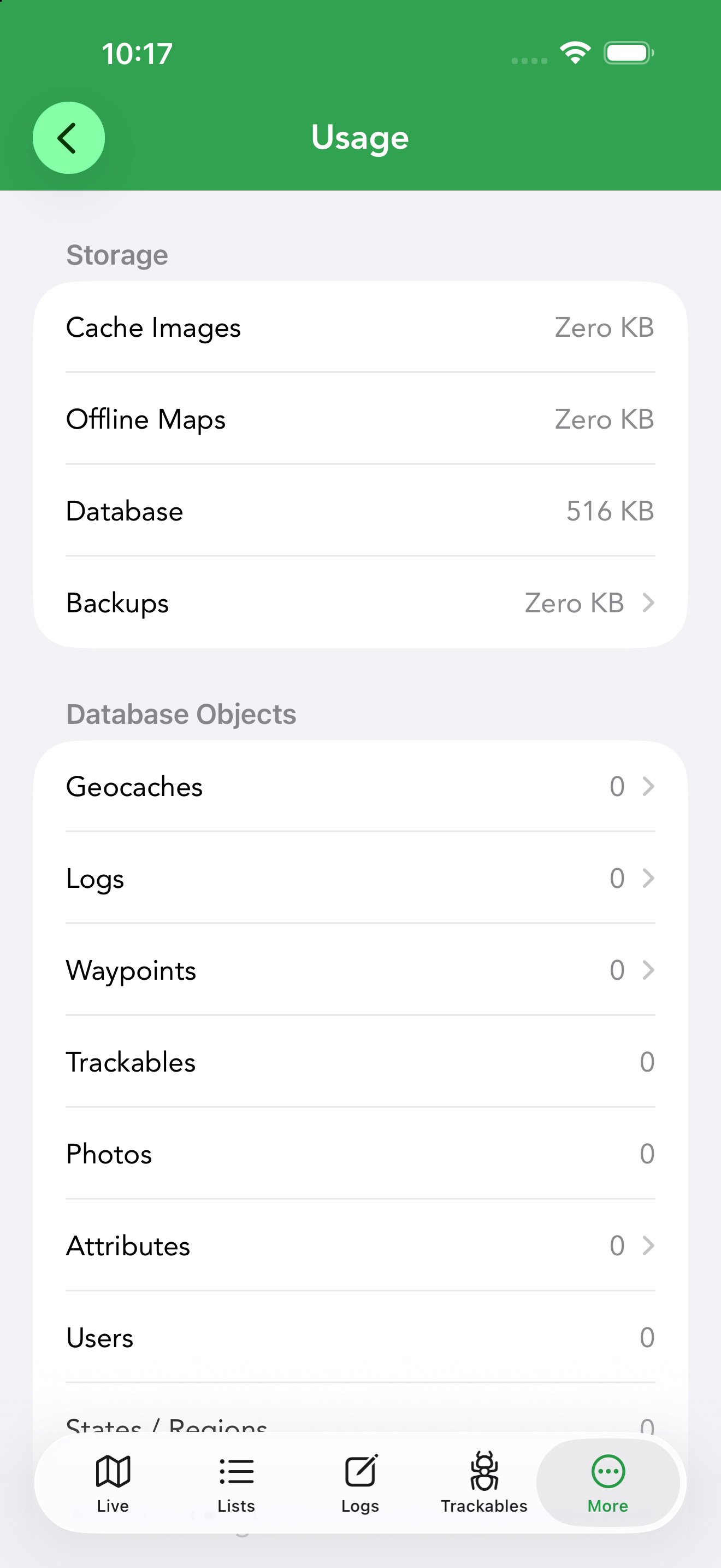 The Usage screen breaks down storage, database objects and API limits.