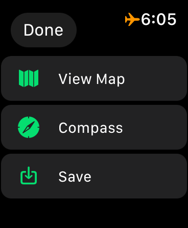 The menu: View Map, Compass, or Save the cache to the watch.