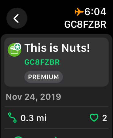 Cache details: name, GC code, premium status, distance and D/T/size.