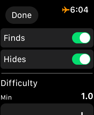 Filters: your finds and hides, difficulty and terrain ranges, sizes and types.