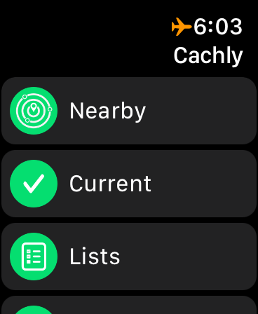 The home screen: Nearby, Current, Lists and Saved below.