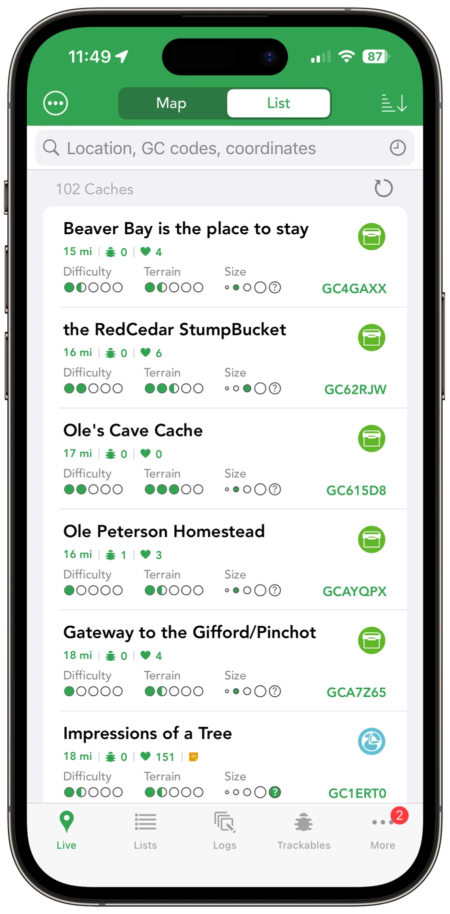 Cachly Cache List