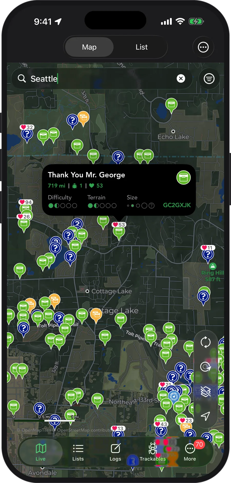 Cachly in dark mode with a dark map of Seattle