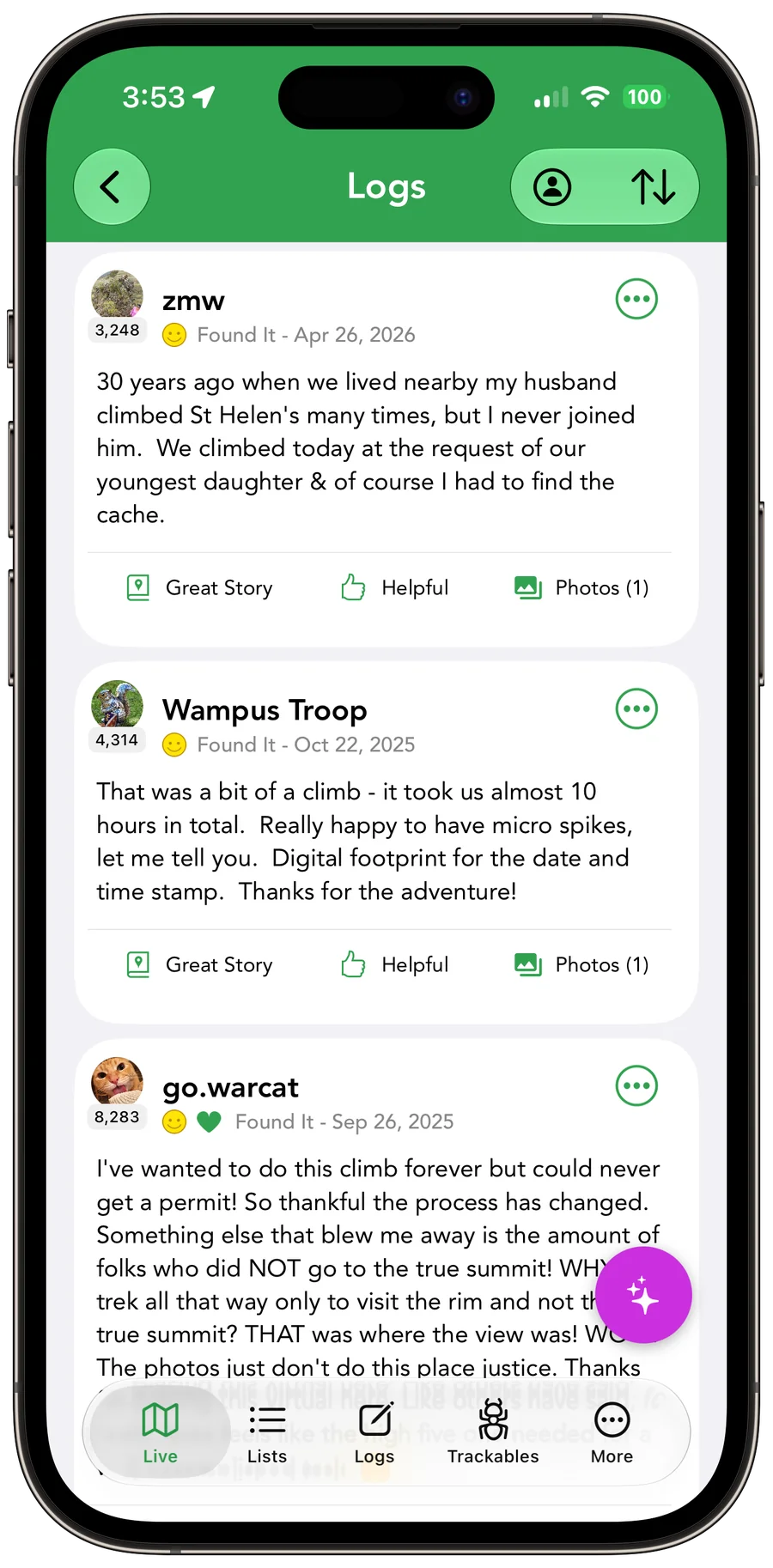 A geocache's logs shown in Cachly, available offline with full text and photos