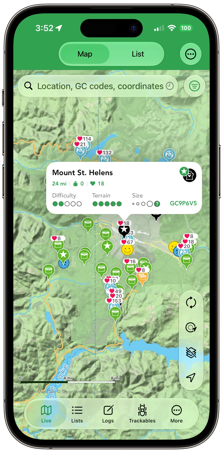 Cachly showing a Pro offline vector map of Mount St. Helens with nearby geocaches