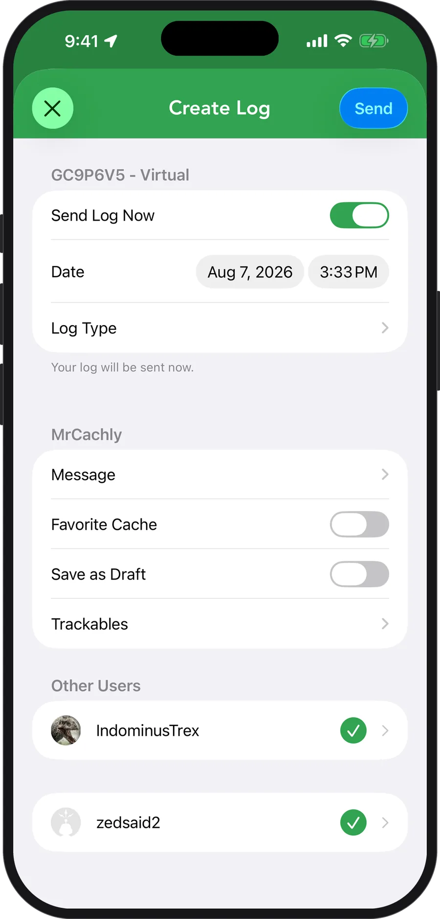 Cachly Create Log screen logging a find for the primary account and two other users at once
