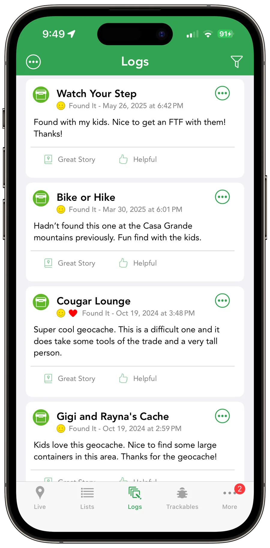 Cachly offline lists screen showing saved geocache lists available without a connection