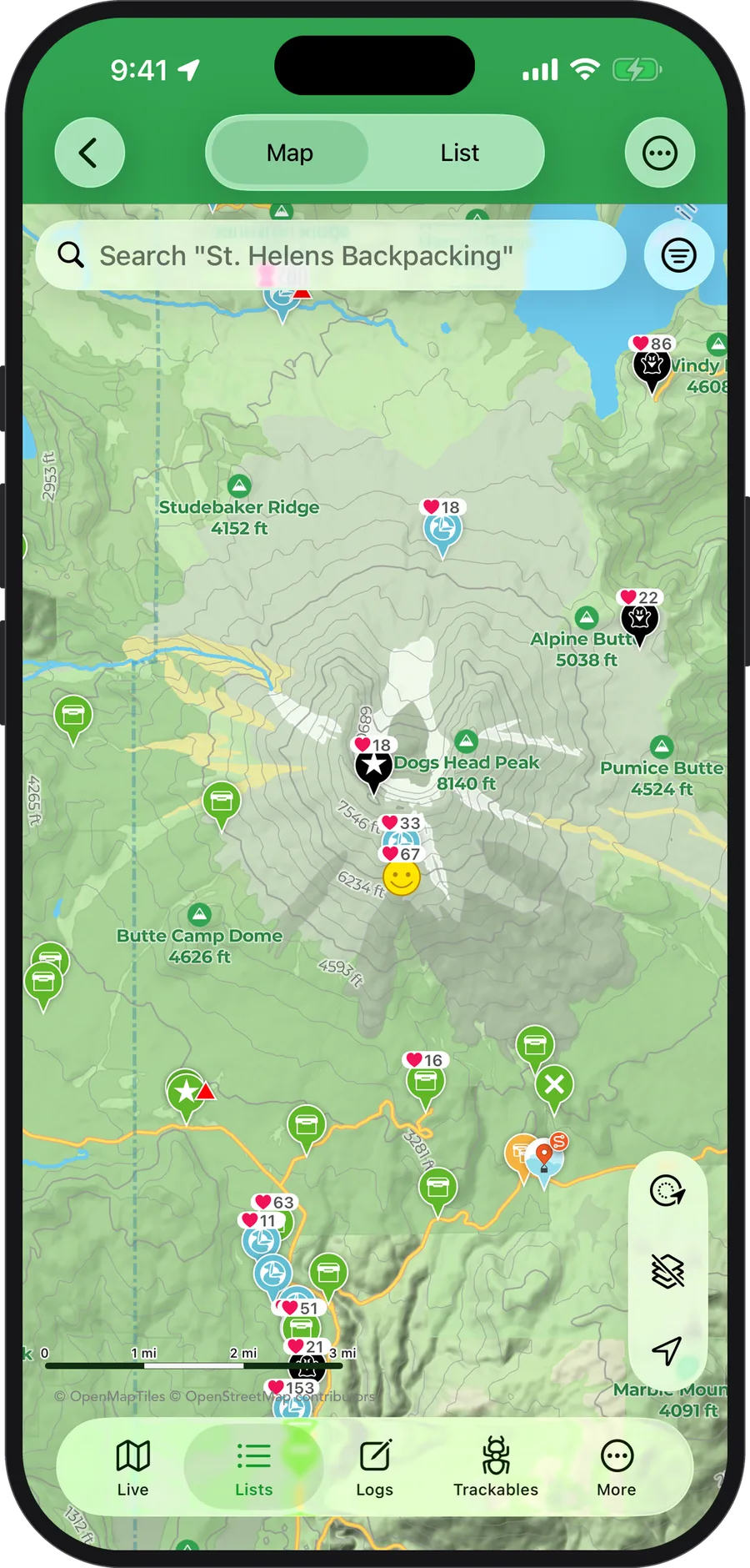 Cachly Pro offline vector map of Mount St. Helens with contour lines, hillshade and geocache pins